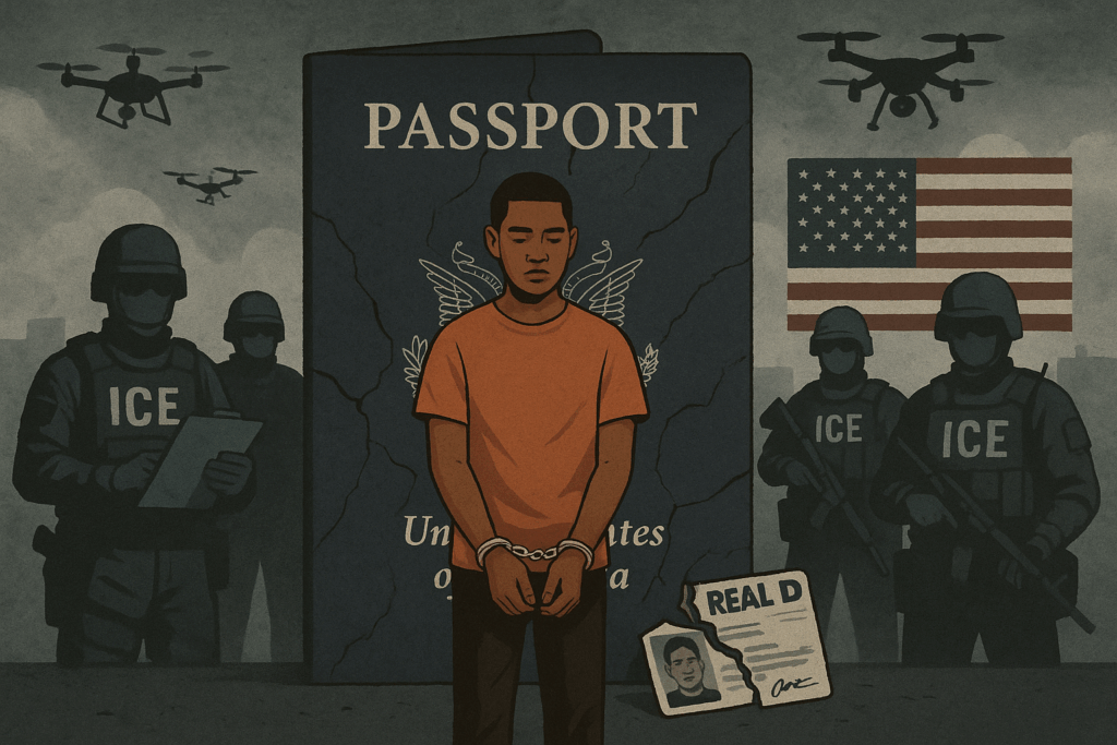 A young Latino man with brown skin and short-cropped hair stands alone, handcuffed, in front of a large, cracked U.S. passport. ICE agents with blurred, faceless helmets loom in the background, holding clipboards and rifles. The man’s Real ID lies torn at his feet. Behind him, an American flag hangs upside down. The sky is gray and oppressive, with surveillance drones circling above. The overall tone is bleak, institutional, and accusatory—highlighting injustice and racial profiling.